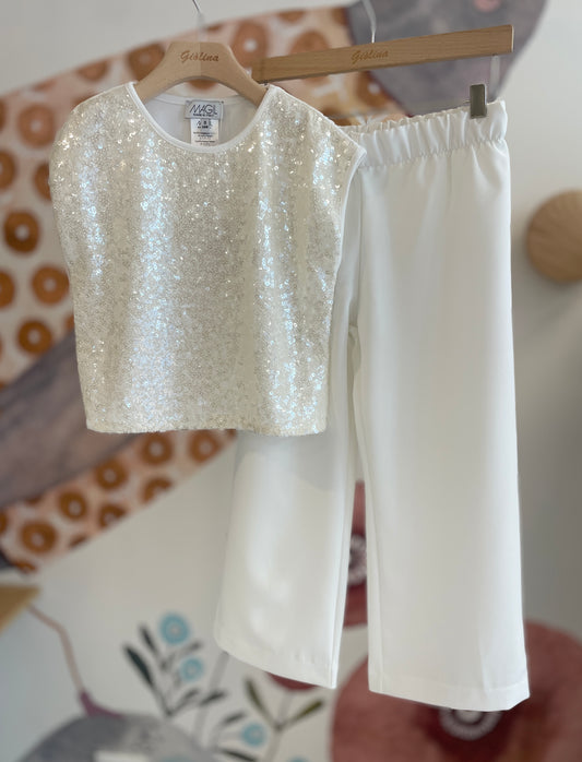 T-shirt paillettes con blazer e pantalone gaucho bi stretch latte