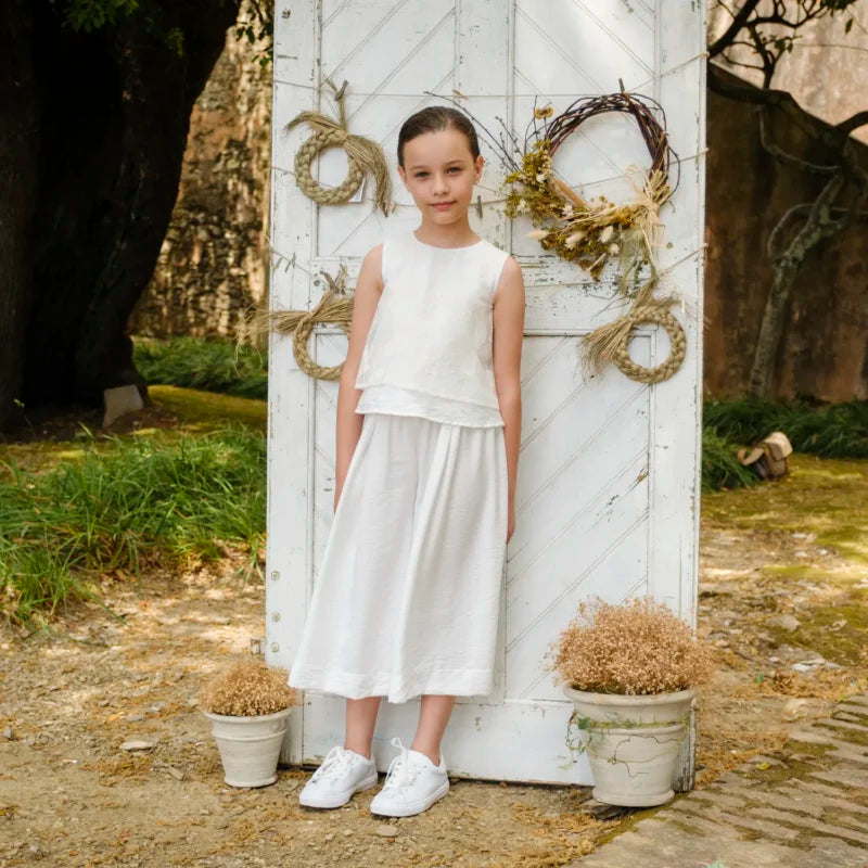 Top doppio tessuto in tulle ricamato e pantalone crepè