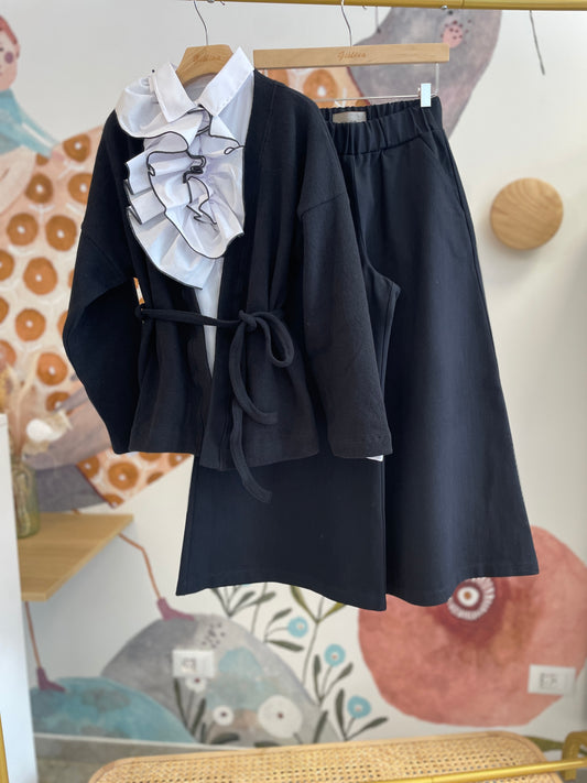 Cardigan con camicia rouches e denim nero