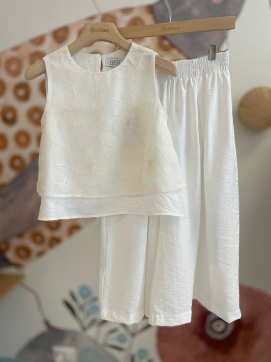 Top doppio tessuto in tulle ricamato e pantalone crepè