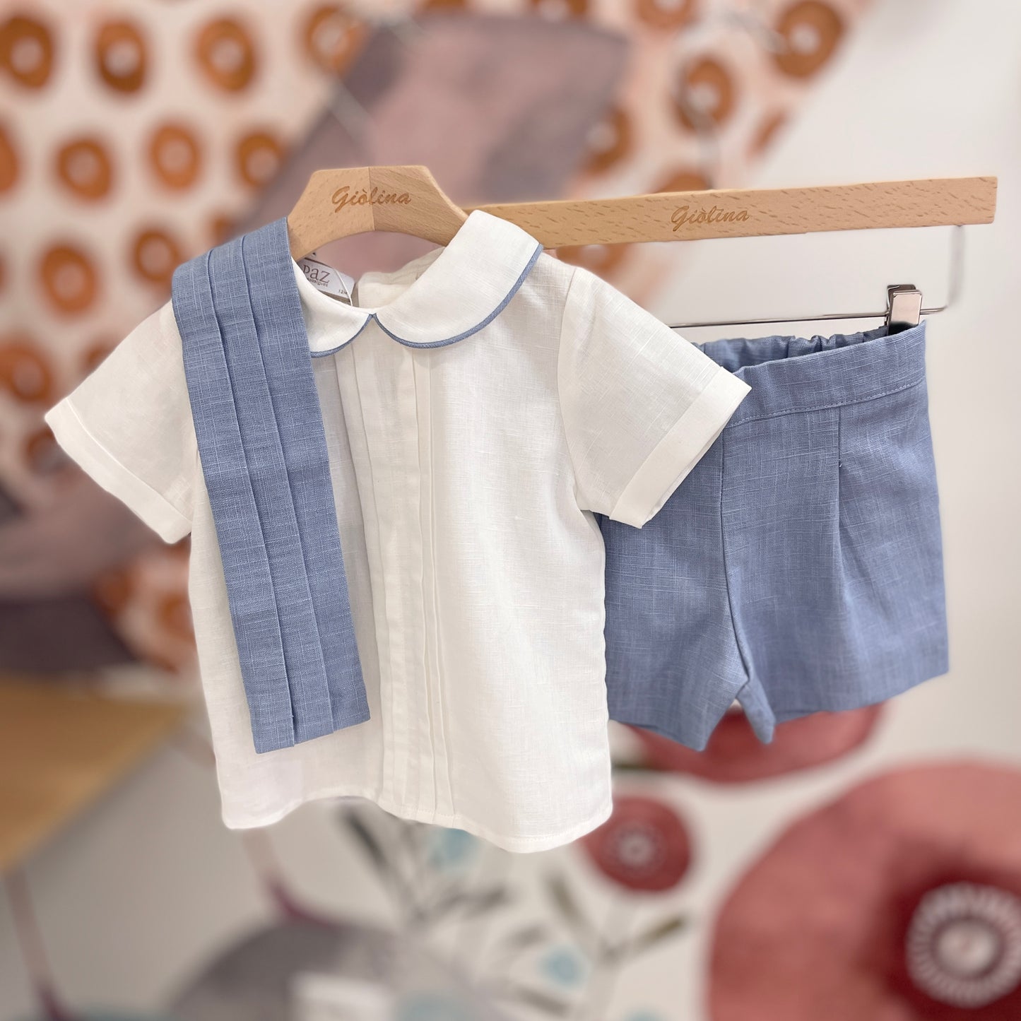 Paggetto cerimonia camicia in lino con colletto rotondo bermuda e cintura
