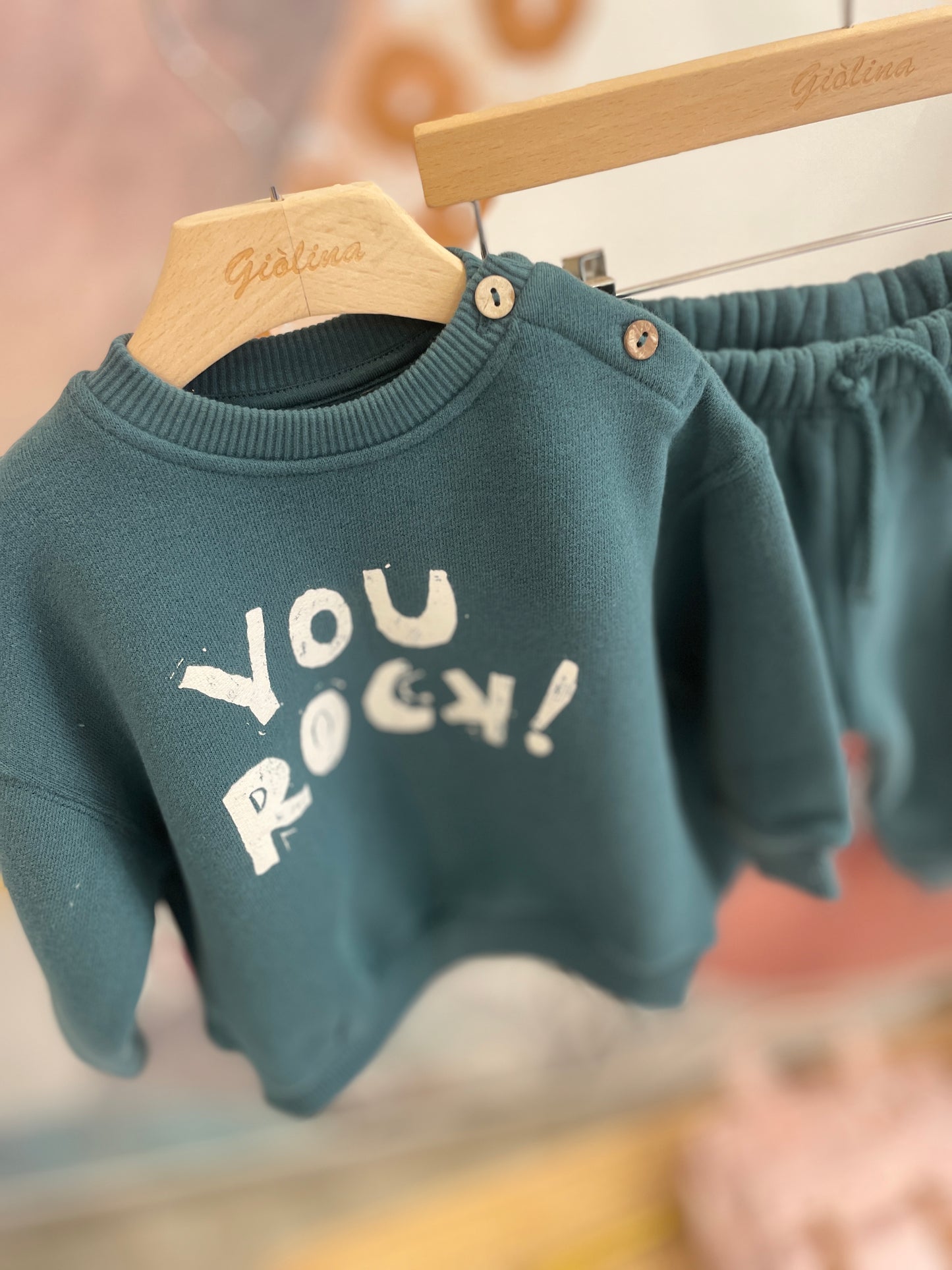 Tuta baby  verde petrolio stampa “ you rock “
