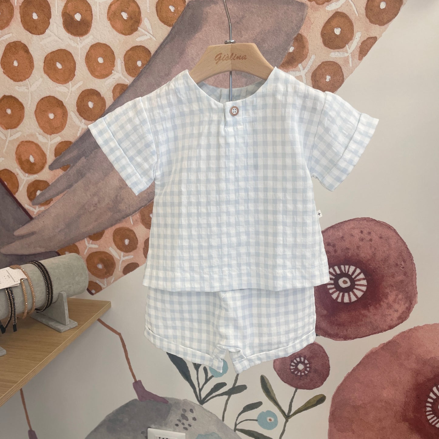 Camicia vichy con bermuda, pagliaccetto vichy azzurro e body