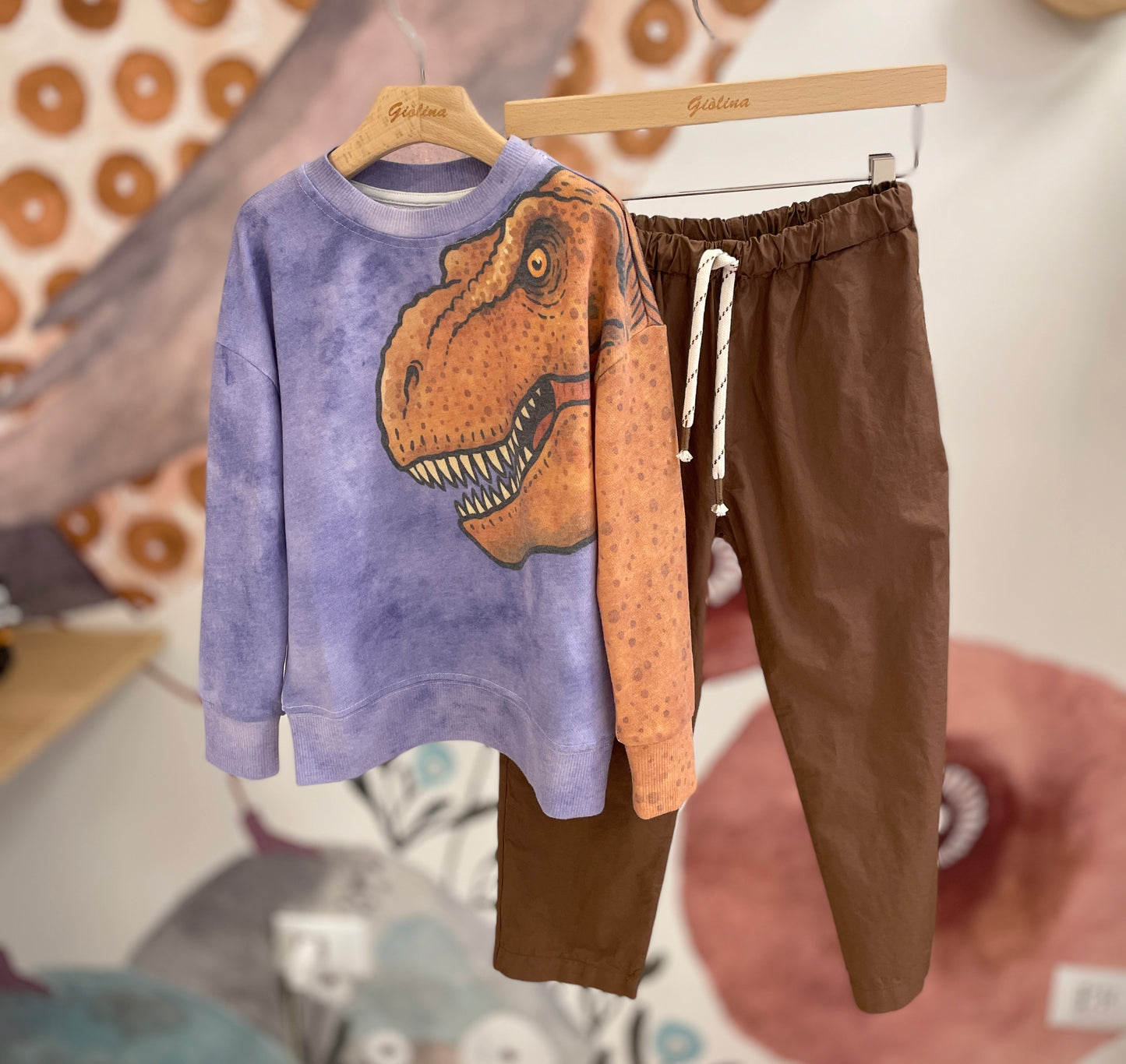 Felpa cotone riciclato con t-shirt dinosauro e pantalone terra