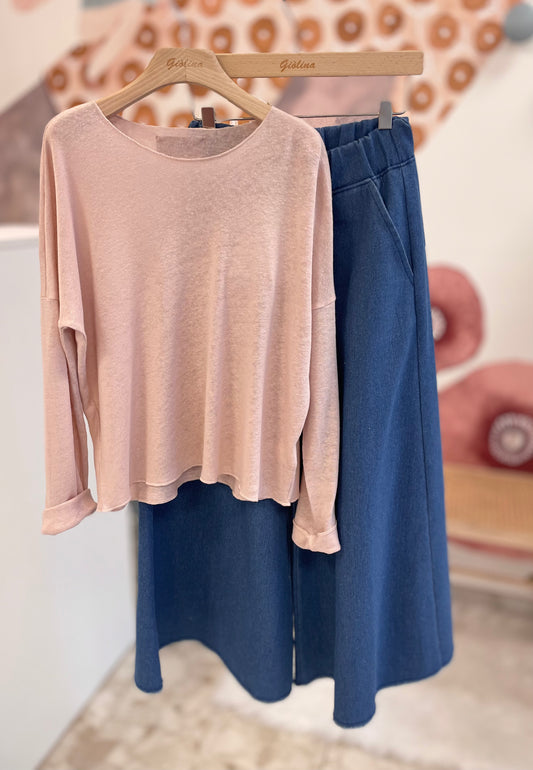Maglia malva con Pantagonna in denim