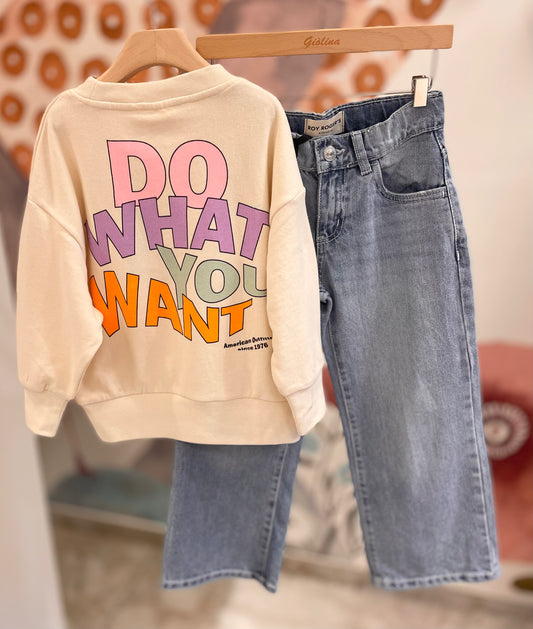 Felpa girocollo stampa retro e denim
