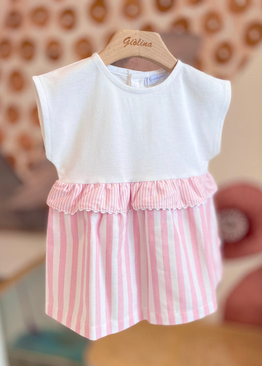 Abito e completo  t-shirt con colletto rotondo e culotte gessata rosa