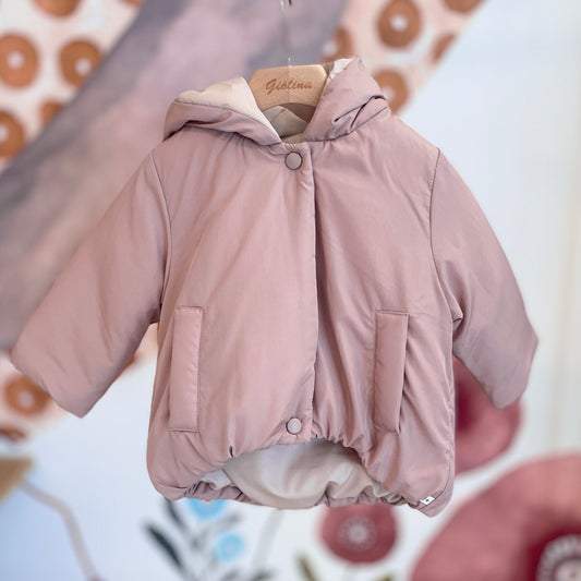 Giubbino con bottoni e cerniera e cappuccio blu e rosa antico