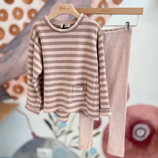 Mini abito rigato rosa con leggings a completo