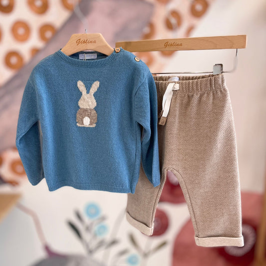 Pullover  verde acqua con coniglietto e pantalone baby spina di pesce